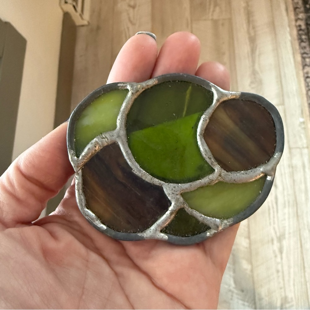 VINTAGE 1970'S ARTISAN CRAFTED STAINED GLASS BELT BUCKLE Green Unique Handmade